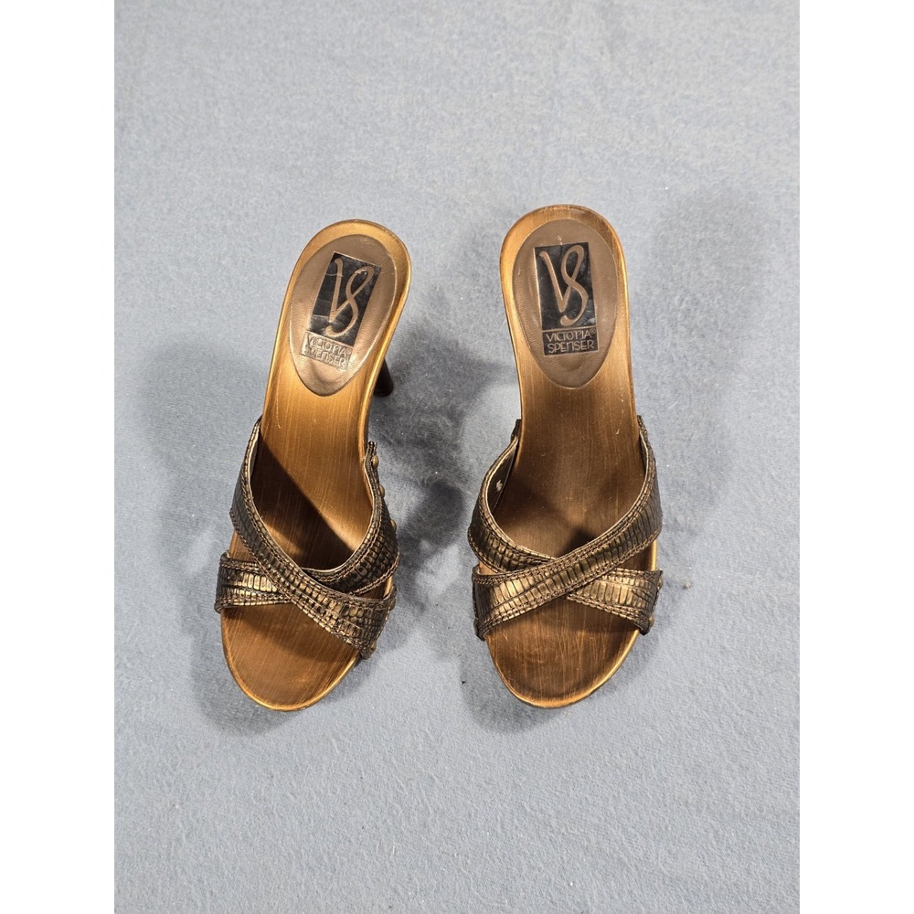 Victoria Spenser Vintage Metallic Bronze Faux Snakeskin Strappy Mule Heels Sz 6